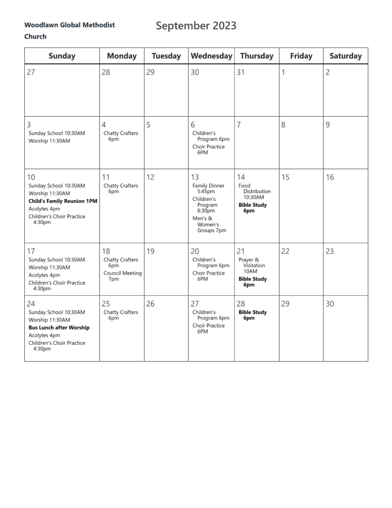 Calendar • Woodlawn Global Methodist Church Elbert County, GA
